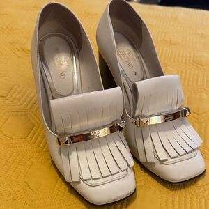 Valentino White Fringe Heels with Silver Accent